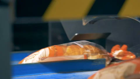 Automated machine seals packs with bread on a conveyor. 4K. Stock Footage 94826402