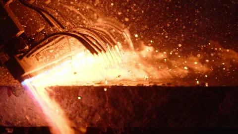 Automated machine is spraying fire onto the stone product at manufacturing plant Video stock 172364477