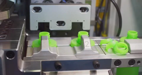 Automated machinery assembling green plastic bottle caps in factory Stock Footage 302278094