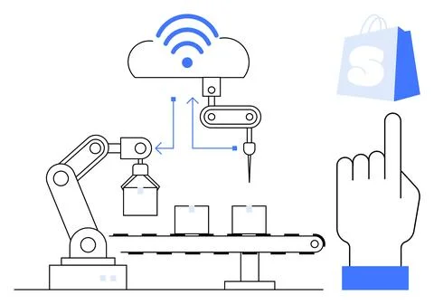 Automated Manufacturing and E-commerce Integration with Cloud Technology Stock Illustration