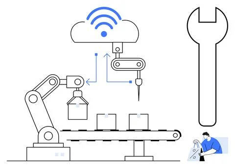 Automated Manufacturing Concept with Robotics, Cloud Connectivity, and Tech.. Stock Illustration