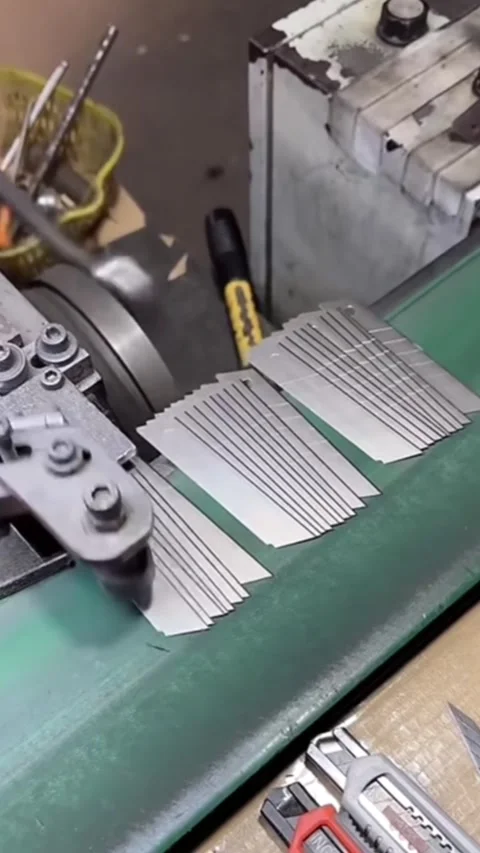 Automated Manufacturing Process of Utility Knife Blades on Factory Conveyor Stock Footage 326052927