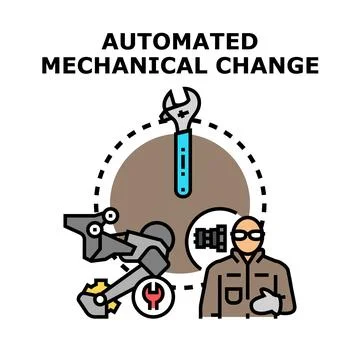 Automated mechanical change process with human technician Stock Illustration