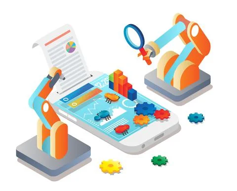 Automated mobile app testing, vector isometric illustration. Debugging, quality 库存插图