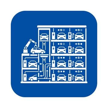 Automated multi level electric vehicle charging garage icon on blue backgroun Stock Illustration