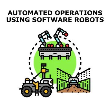 Automated operations processing manufacturing farming with robots Illustrazione stock