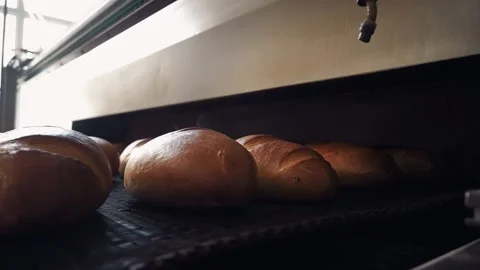Automated output of finished bread from the oven. Stock Footage 142860346