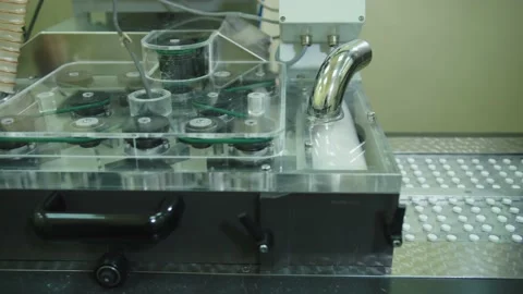 Automated packing machine sort pills into plastic containers. packaged tablets Stock Footage 200856066