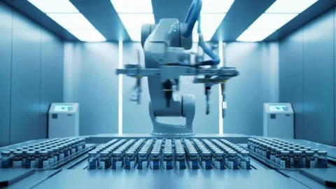 Automated Pharmaceutical Dispensing Robot A smooth, motion-controlled video of a Stock Footage 317913601