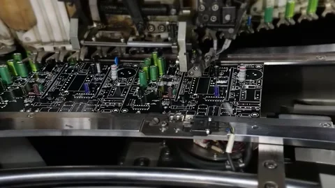 Automated pick and place machine mounting capacitors on circuit board Video stock 348694282