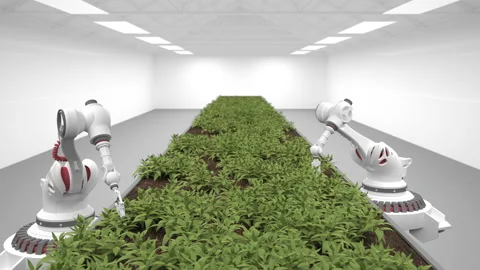 Automated planting process using advanced robot for planting leaves in trays. he Stock Footage 168734339