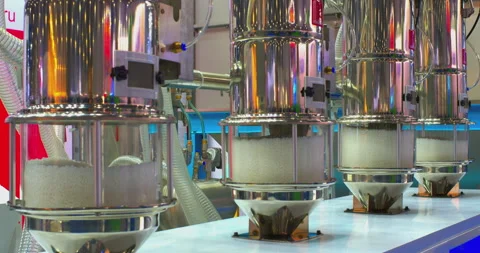 Automated plastic granule processing on an industrial production line Stock Footage 329180273