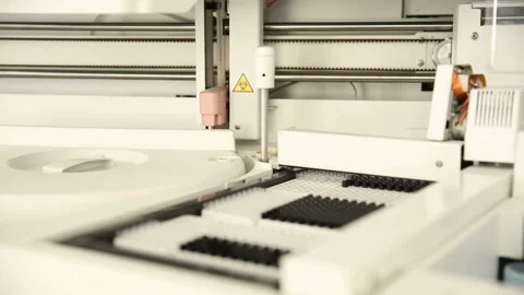 Automated process of biological samples research in biochemistry analyzer.  Stock Footage 168632013