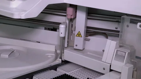 Automated process of biological samples research in biochemistry analyzer.  Stock Footage 168632183