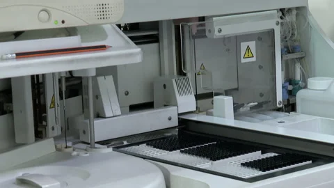 Automated process of biological samples research in biochemistry analyzer.  Stock Footage 168632250