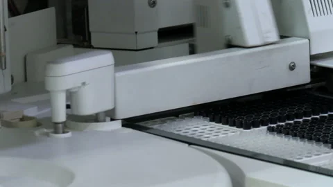 Automated process of biological samples research in biochemistry analyzer.  Stock Footage 168632303