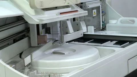 Automated process of biological samples research in biochemistry analyzer.  Stock Footage 168632390