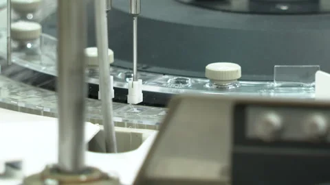 Automated process of biological samples research in biochemistry analyzer.  Stock Footage 168632423