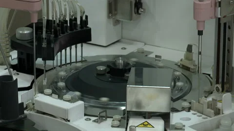 Automated process of biological samples research in biochemistry analyzer.  Stock Footage 168632494