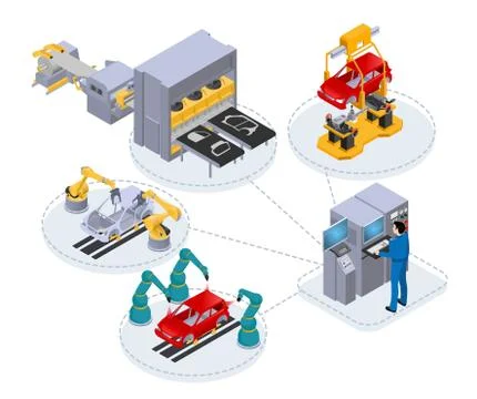 Automated production line under the control of a computer to assemble cars, i Illustrazione stock