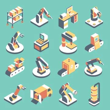 Automated production line vector flat isometric icon set Stock Illustration