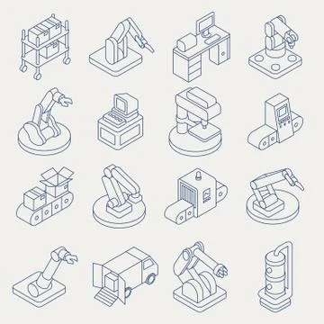Automated production line vector isometric thin line icon set Stock Illustration