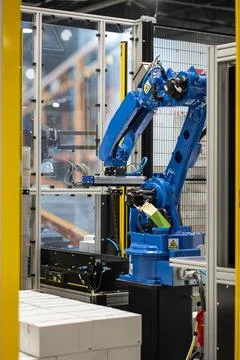 Automated programmed robotic arm for manufacturing and industrial lines conveyor Stock Photos