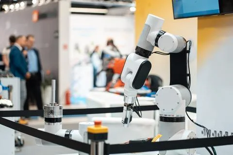 Automated programmed robotic arm for manufacturing and industrial lines conveyor Stock Photos