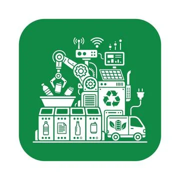 Automated recycling system icon with robotic arm and electric vehicle logis.. Stock Illustration