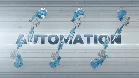 Automated Robot Arm Assembly Line Automation text label. Automation white Video stock 174624627