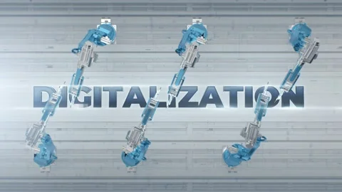 Automated Robot Arm Assembly Line Digitalization text label. Digitalization Stock Footage 174625064