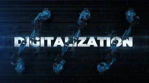 Automated Robot Arm Assembly Line Digitalization text label. Digitalization dark Stock Footage 174625107