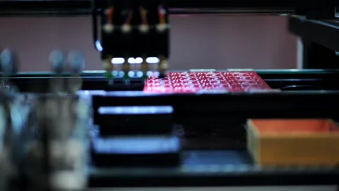 Automated robot arm placing components on circuit board in electronics factory Stock Footage 321350315