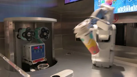 An automated robot arm prepares a beverage for a customer by combines Stock Footage 149476627