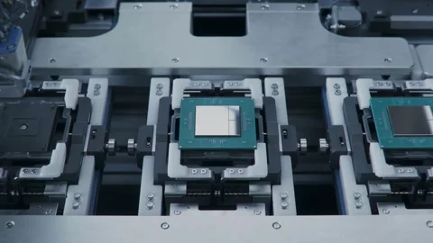 Automated robotic arm assembling microchips on conveyor belt in factory Stock-Footage 333486889