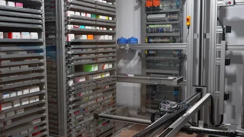 Automated robotic arm dispensing medication in a modern pharmacy warehouse Stock Footage 336359365