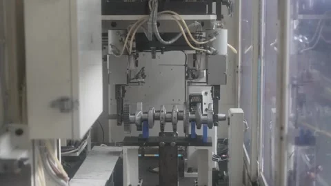 Automated robotic arm lifting an engine crankshaft from a testing station in a Stock Footage 333377315