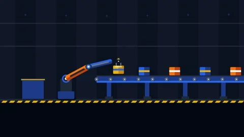 Automated Robotic Arm Moving Cubes on an Industrial Assembly Line Stock Footage 343893833