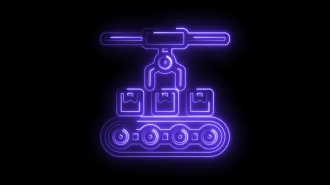 Automated robotic arm picking up boxes on a conveyor belt with glowing neon.. Stock Footage 346009666