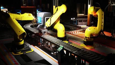 Automated robotic arms assembling products on a conveyor belt in a factory Stock Illustration