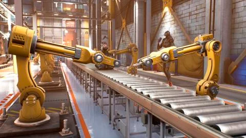 Automated robotic assembly line. Robotics works in a production line of robot Stock Illustration