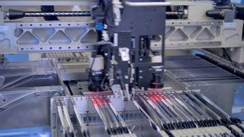 Automated robotic manufacturing PCB, modern equipment. 4K. Stock Footage