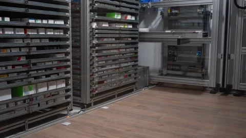 Automated robotic pharmacy dispensing and storing medications Stock Footage 336357959