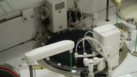 Automated robotic pipetting system precisely dispenses blue liquid into via.. Stock Footage 334330872