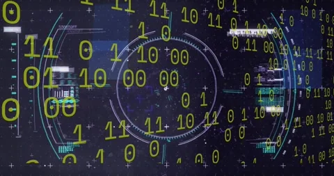 Automated scan initiating floating binary HUD rotating and pulsing, showing Stock Footage 331227417