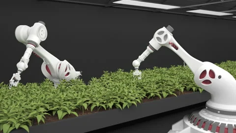 Automated Smart Agriculture With Robots. Future. the robot hand grows green plan Stock Footage 168929162