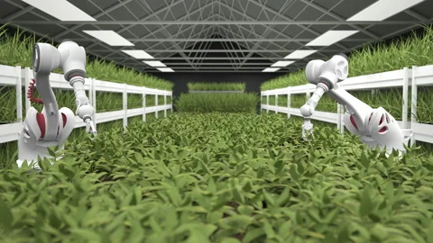 Automated Smart Agriculture With Robots. Future. the robot hand grows green plan Stock Footage 170996402
