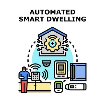 Automated smart dwelling system managing connected home devices Stock Illustration