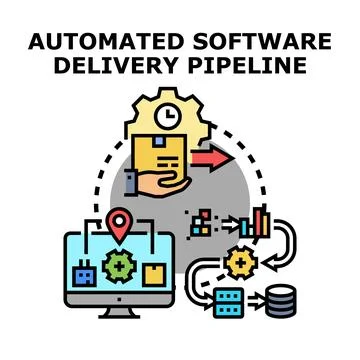 Automated software delivery pipeline process developing concept 库存插图