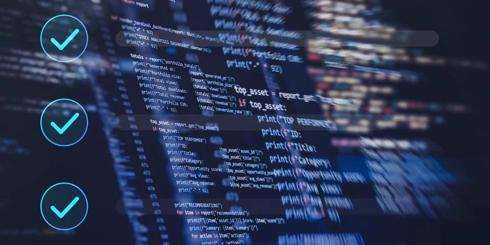 Automated software testing and successful execution concept. Glowing checkmar Stock Photos